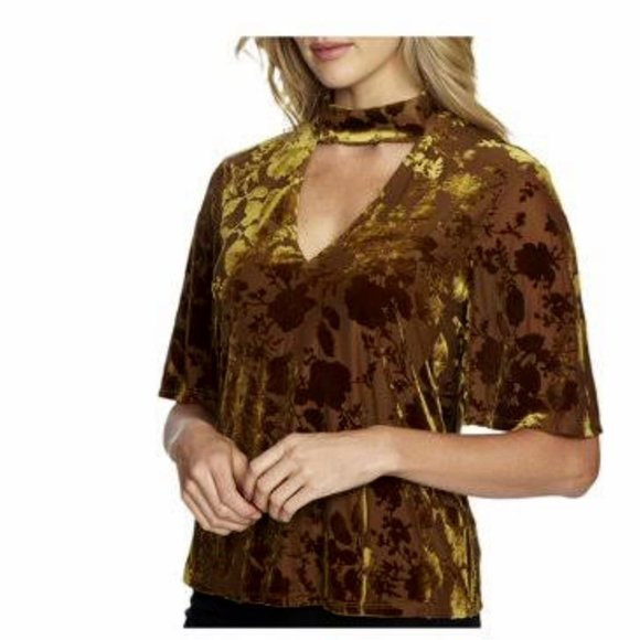 1. State XS The Nomad Deep Gold Mock Neck Chest Cutout Velvet Burnout Top N… - Picture 1 of 8